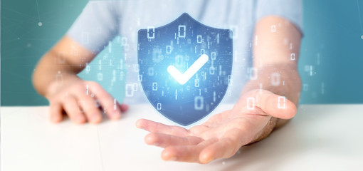 Poster - Man holding a padlock web security concept 3d rendering