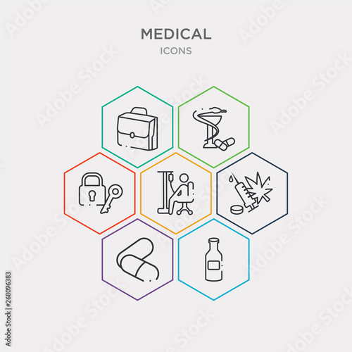 simple set of japanese medicine bottle, remedy, illegal, chair with wheels icons, contains such as icons lock and key, pharmacy cross, medic suitcase and more Tableau sur Toile