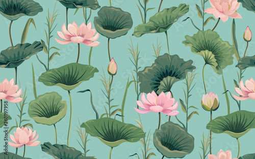 Leinwand Poster  Seamless pattern with pink lotus and reeds