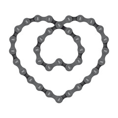 Two intertwined vector realistic heart created from bike chain. Isolated on white background.