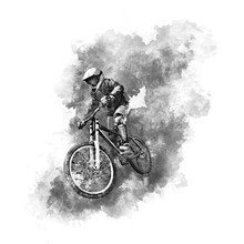 Black Pencil Drawing Of A Cyclist On A Downhill Bike With A White Drawing On A White Background.