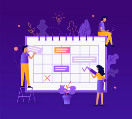 Poster - People fill out the schedule. Time management concept. Flat vector illustration. 