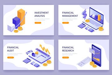 Financial concept banners. Can use for infographics, hero images. Flat isometric vector illustration isolated on white background. 