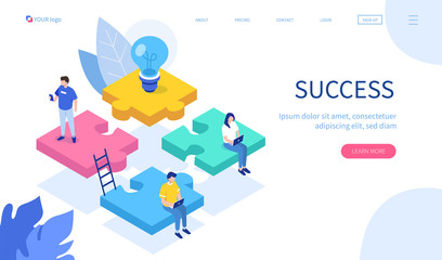 Poster - teamwork with puzzle concept. can use for web banner, infographics, hero images. flat isometric vect