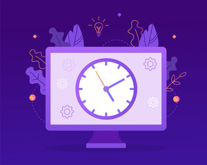 Poster - Time to work. The big clock on the computer monitor. Time management concept. Flat vector illustration.