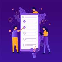 Fototapete - Teamwork. Mark a task as completed in the task manager app. Time management concept. Flat vector illustration.