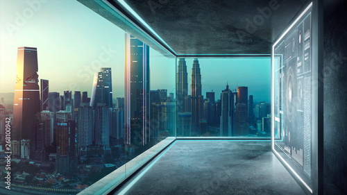 puste-loft-wspolczesne-biuro-wnetrz-z-wirtualnych-ekranow-interfejsu-holograficznego-3d-i-nowoczesny-pejzaz-z-okna-ze-szkla