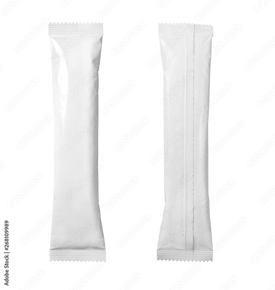 White blank sachet packaging isolated on white background with clipping path. Packaging for sugar, sweets, coffee and other products. - obrazy, fototapety, plakaty 