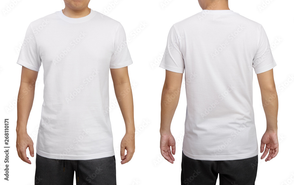 White t-shirt on a young man isolated on white background. Front and ...