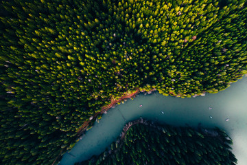 Wall Mural - Lake with small boats seen from a drone