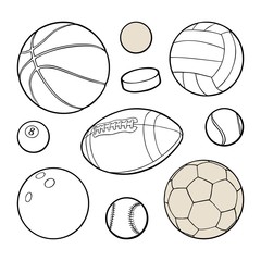 Wall Mural - Set sport balls icons. Vector black illustration. Isolated on white