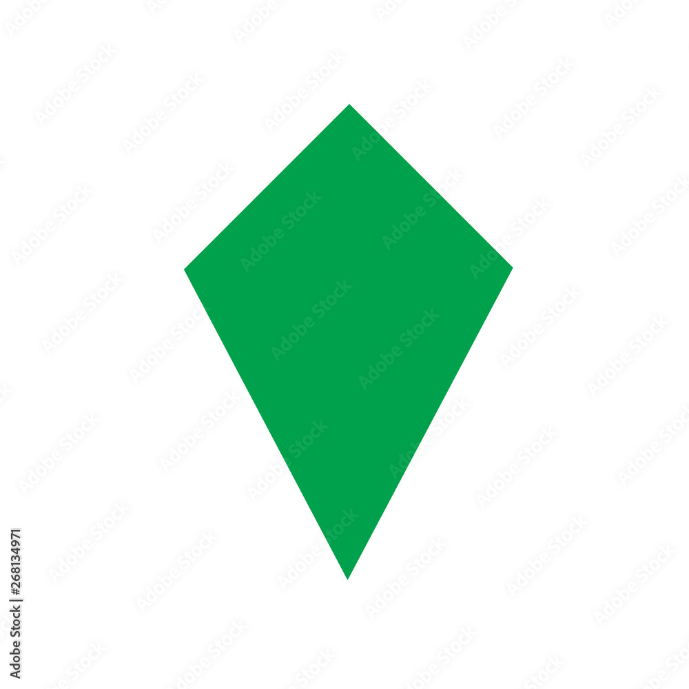 green kite basic simple shapes isolated on white background, geometric kite icon, 2d shape symbol kite, clip art geometric kite shape for kids learning