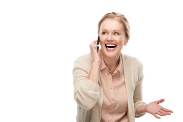 happy middle aged woman talking on smartphone and Gesturing Isolated On White