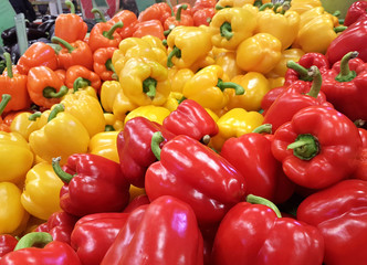 Red bell peppers. Sweet peppers, paprika on market