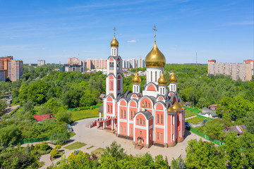 Odintsovo, Moscow oblast, Russia. Aerial cityscape with temple of St. George