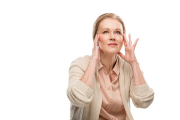 middle aged woman touching head while having headache Isolated On White