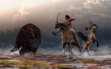 Two Native American Warriors On The Backs Of Mustangs Encounter A Massive Brown Bear On A Snowy Field Under Cloud Filled Evening Skies. The Lead Hunter Draws Back His Bow And Takes Aim. 3D Rendering