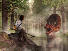 A Native American Warrior Carrying A Flintlock Musket Faces Uktena, The Horned Snake, A Dragon-like Creature Of American Indian Legend, Which Rises From The Waters Of A Forest Lake. 3D Rendering