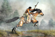 A Native American warrior rides his pinto coated horse as it jumps over a creek.  The man holds aloft his hunting spear as his mustangs gallops across the plains of the American West.  3D Rendering