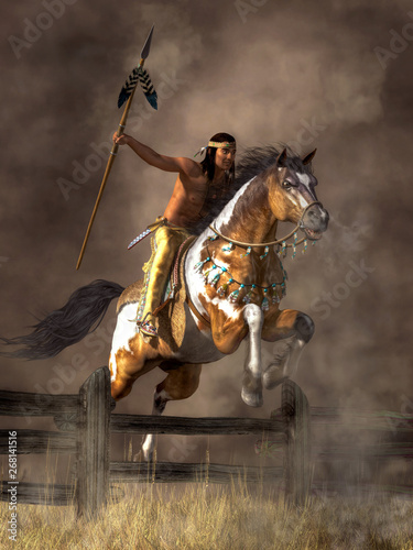  Obrazy Indianie   obraz-na-plotnie-rdzenny-amerykanski-wojownik-jedzie-na-koniu-w-futrze-ktory-przeskakuje