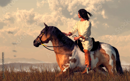  Fototapety Indianie   rdzenni-amerykanie-jezdza-swoim-pinto-przez-wysoka-trawe-na-rowninach-american-wild
