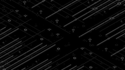 Poster - 3d render digital abstract background with technology lines and square elements above dark reflective surface.  Simple shapes.  Straight lines. Isometric. Loopable sequence.