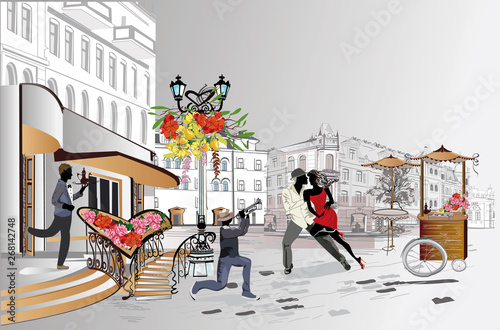 Series of colorful retro street views with fashion people in the old city. Ha...