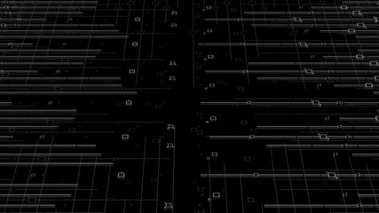 Poster -   3d render digital abstract background with technology lines and square elements above dark reflective surface. Simple shapes.  Straight lines. Loopable sequence.