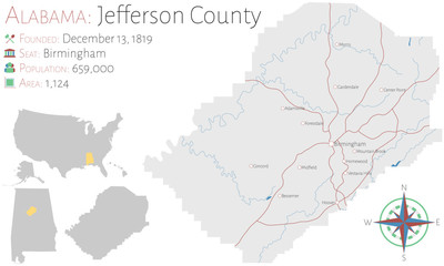  Large and detailed map of Jefferson county in Alabama, USA