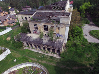 Abandoned radio communication centre (drone image) The building was built as an administrative during the German occupation. Rebuilt into a radio station after 1945.  Kiev, Ukraine