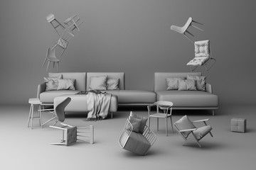 Poster - A lot of chairs on a grey background. -3d render