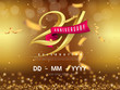 21 years anniversary logo template on gold background. 21st celebrating golden numbers with red ribbon vector and confetti isolated design elements