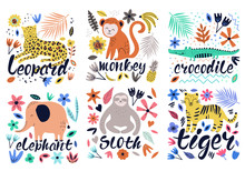 Hand Drawn Colorful Collection Of Animals With Flowers And Leaves. Scandinavian Style Design. Vector Illustration