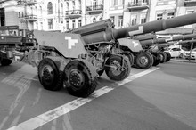 Image Of Cannon And Military Machines On Streets Of The Big City. Military Parade