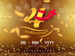 4 years anniversary logo template on gold background. 4th celebrating golden numbers with red ribbon vector and confetti isolated design elements