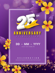 Wall Mural - 25 years anniversary logo template on golden flower and purple background. 25th celebrating white numbers with gold ribbon vector and bokeh design elements, anniversary invitation template card design