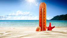 Summer Time On Beach And Wooden Thermometer 
