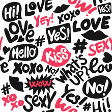 Vector Seamless Pattern With Hand Drawn Words: XOXO, Hearts, Lips, Yes, No, Sexy, Wow, Love, Hi, Hello. Colorful Print For Poster, Card, Textiles, Wallpaer, Backgrounds.