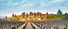 View Of The Medieval City Of Carcassonne From A Vineyard, France