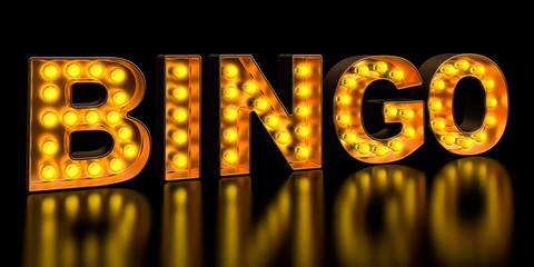 Leinwandbilder - Bingo signboard from golden light bulb letters, retro glowing font. 3D rendering