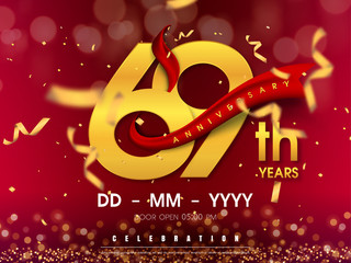 69 years anniversary logo template on gold background. 69th celebrating golden numbers with red ribbon vector and confetti isolated design elements