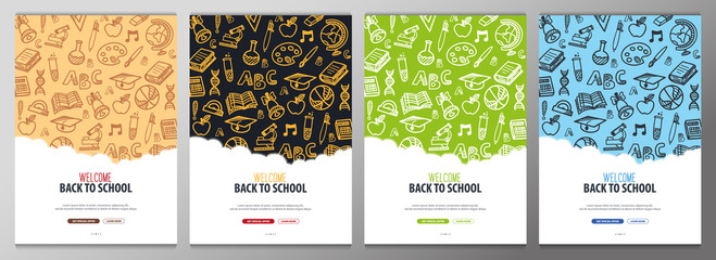 set of back to school banners with hand draw doodle background. vector illustration.