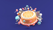 Cake Among Colorful Balls On A Purple Background.-3d Rendering.