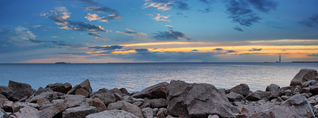 Rocky shore of the Gulf of Finland in St. Petersburg