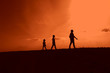 father, son and daughter are walking in nature at sunset