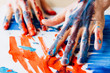 Art therapy. Hobby enjoyment. Man hands in red blue paint. Recreation relaxation. Artist talent creative style technique.