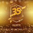 35 years anniversary logo template on gold background. 35th celebrating golden numbers with red ribbon vector and confetti isolated design elements
