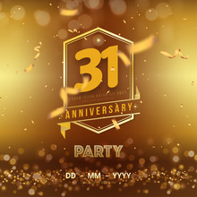 31 Years Anniversary Logo Template On Gold Background. 31st Celebrating Golden Numbers With Red Ribbon Vector And Confetti Isolated Design Elements