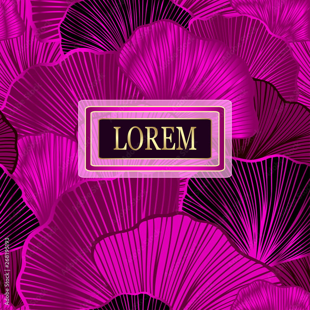 Template for package or flyer from Luxury background with  leaves  in magenta gold  for cosmetic or perfume or shampoo or  for package of  tea or label or for brand book - obrazy, fototapety, plakaty 