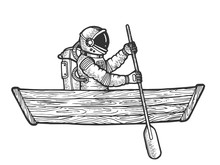 Astronaut Spaceman Rowing In Wooden Boat Sketch Engraving Vector Illustration. Scratch Board Style Imitation. Black And White Hand Drawn Image.